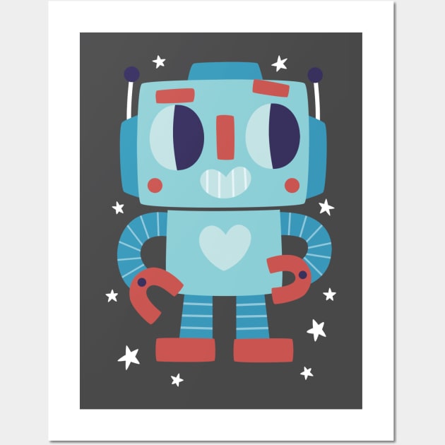 Cute Blue Robot Wall Art by clairestamper